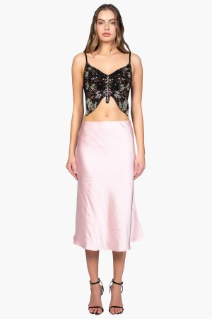 Gianina Side Slit Satin Midi Slip Skirt